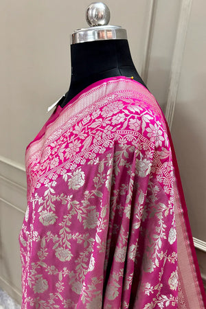 Pink and Rani Maharani Jaal Crepe Silk Banarasi Saree