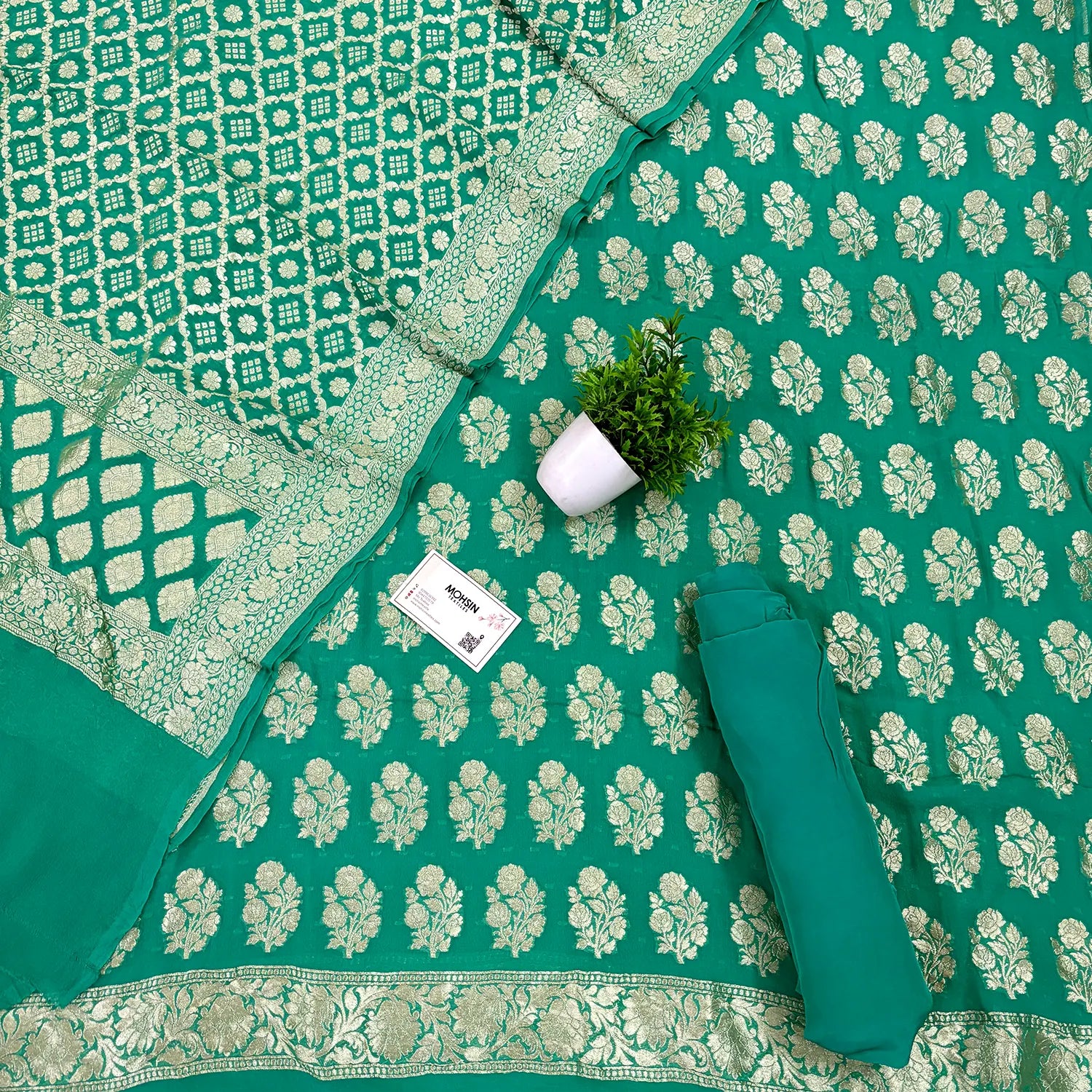 Sea Green Guldasta Pure Georgette Silk Banarasi Suit