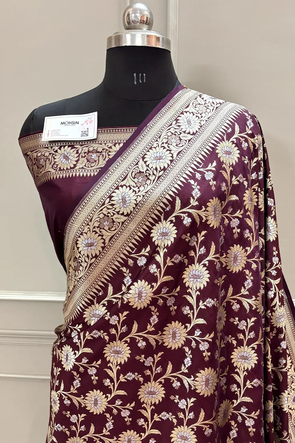 Wine Ganga Jamuna Crepe Silk Banarasi Saree