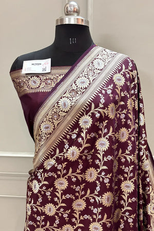Wine Ganga Jamuna Crepe Silk Banarasi Saree