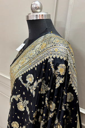 Black Tirchi Daal Stone Work Katan Silk Banarasi Saree