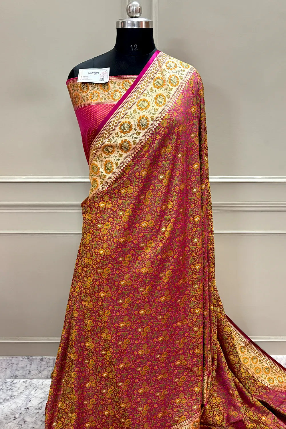 Magenta and Pink Jungli Jaal Katan Silk Banarasi Saree