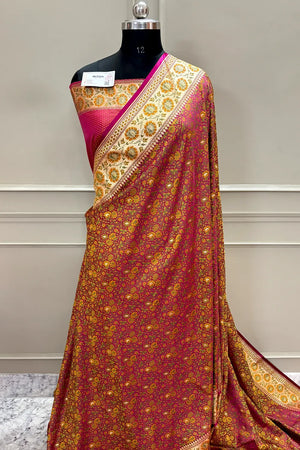 Magenta and Pink Jungli Jaal Katan Silk Banarasi Saree