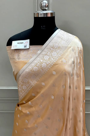 Orangish Peach Flying Buti Katan Silk Banarasi Saree