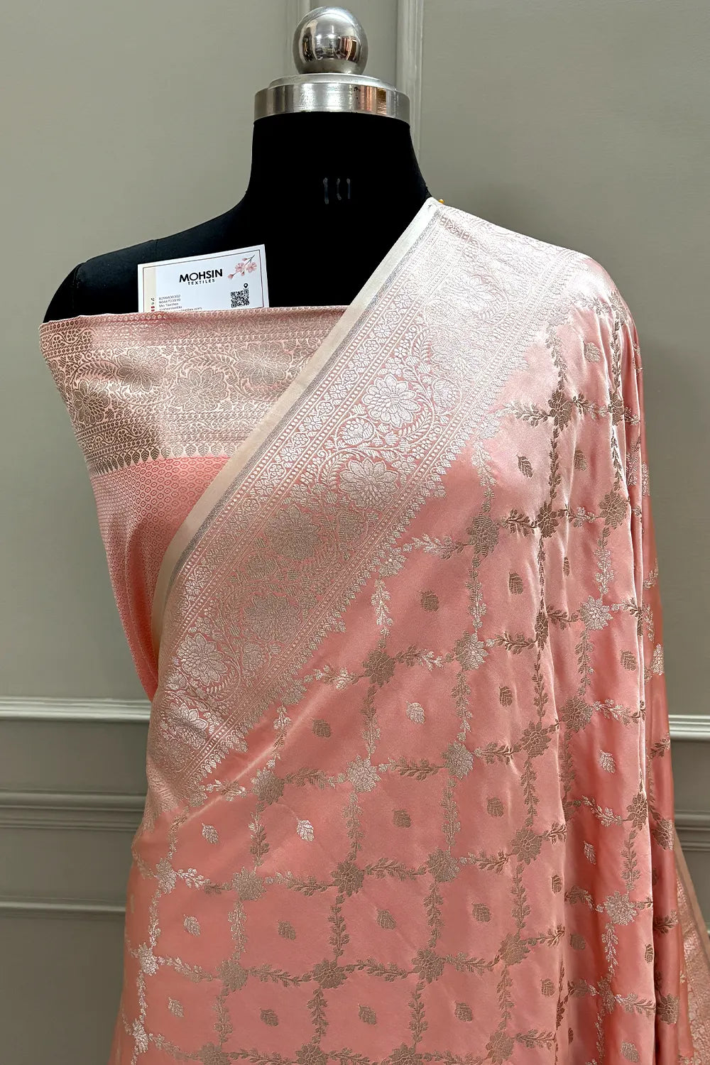 Peach Qaidi Buti Katan Silk Banarasi Saree