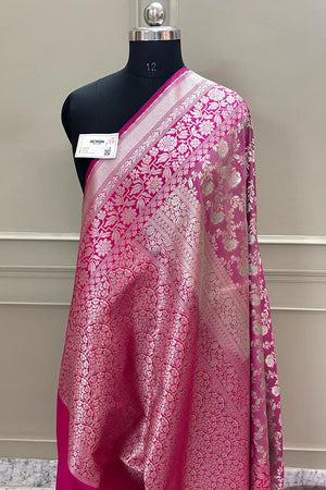 Pink and Rani Maharani Jaal Crepe Silk Banarasi Saree