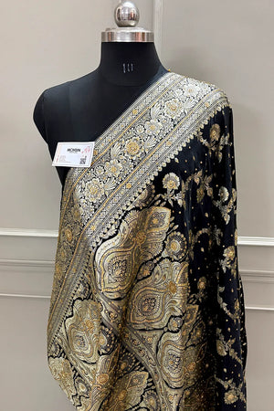 Black Tirchi Daal Stone Work Katan Silk Banarasi Saree