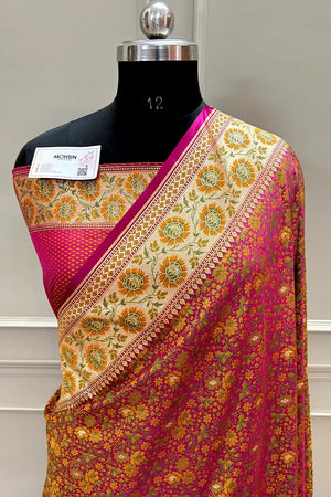 Magenta and Pink Jungli Jaal Katan Silk Banarasi Saree