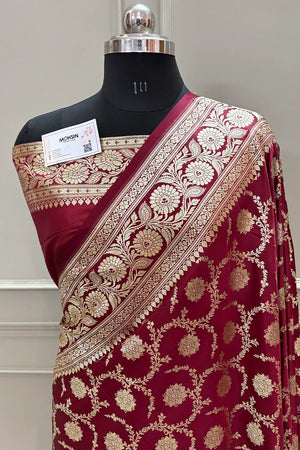Maroon Murmuri Jaal Katan Silk Banarasi Saree