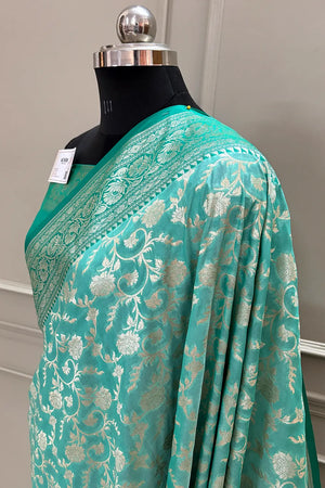 Mint and Sea Green Gulabi Jaal Katan Silk Banarasi Saree