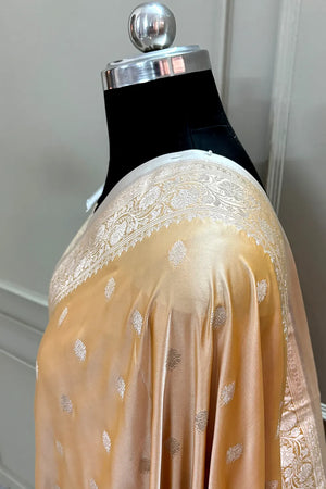 Orangish Peach Flying Buti Katan Silk Banarasi Saree