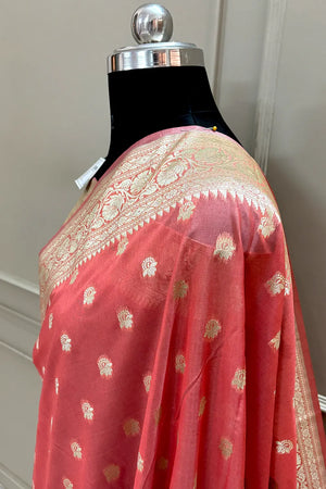 Peach Ghonga Buti Katan Silk Banarasi Saree