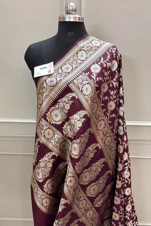 Wine Ganga Jamuna Crepe Silk Banarasi Saree