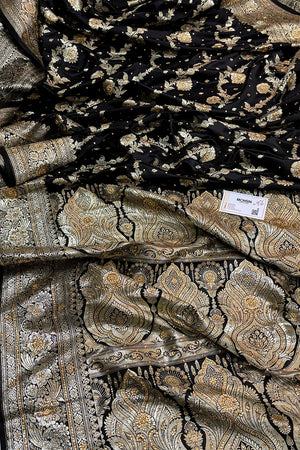 Black Tirchi Daal Stone Work Katan Silk Banarasi Saree