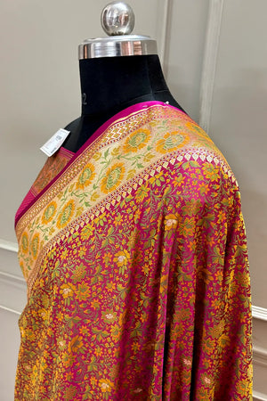 Magenta and Pink Jungli Jaal Katan Silk Banarasi Saree