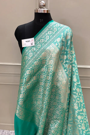 Mint and Sea Green Gulabi Jaal Katan Silk Banarasi Saree