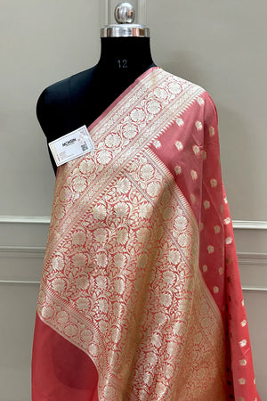 Peach Ghonga Buti Katan Silk Banarasi Saree