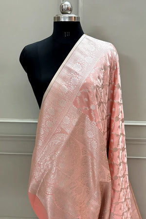 Peach Qaidi Buti Katan Silk Banarasi Saree