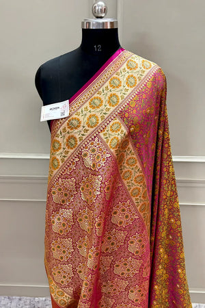 Magenta and Pink Jungli Jaal Katan Silk Banarasi Saree