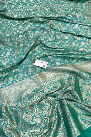 Mint and Sea Green Gulabi Jaal Katan Silk Banarasi Saree