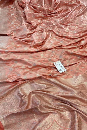 Peach Qaidi Buti Katan Silk Banarasi Saree