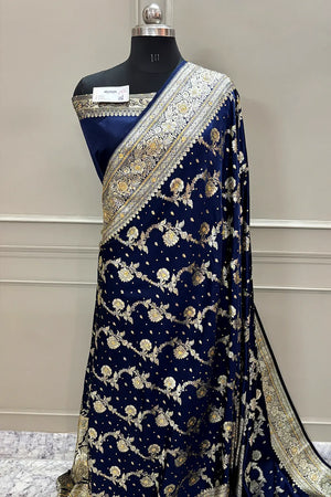 Navy Blue Tirchi Daal Stone Work Katan Silk Banarasi Saree