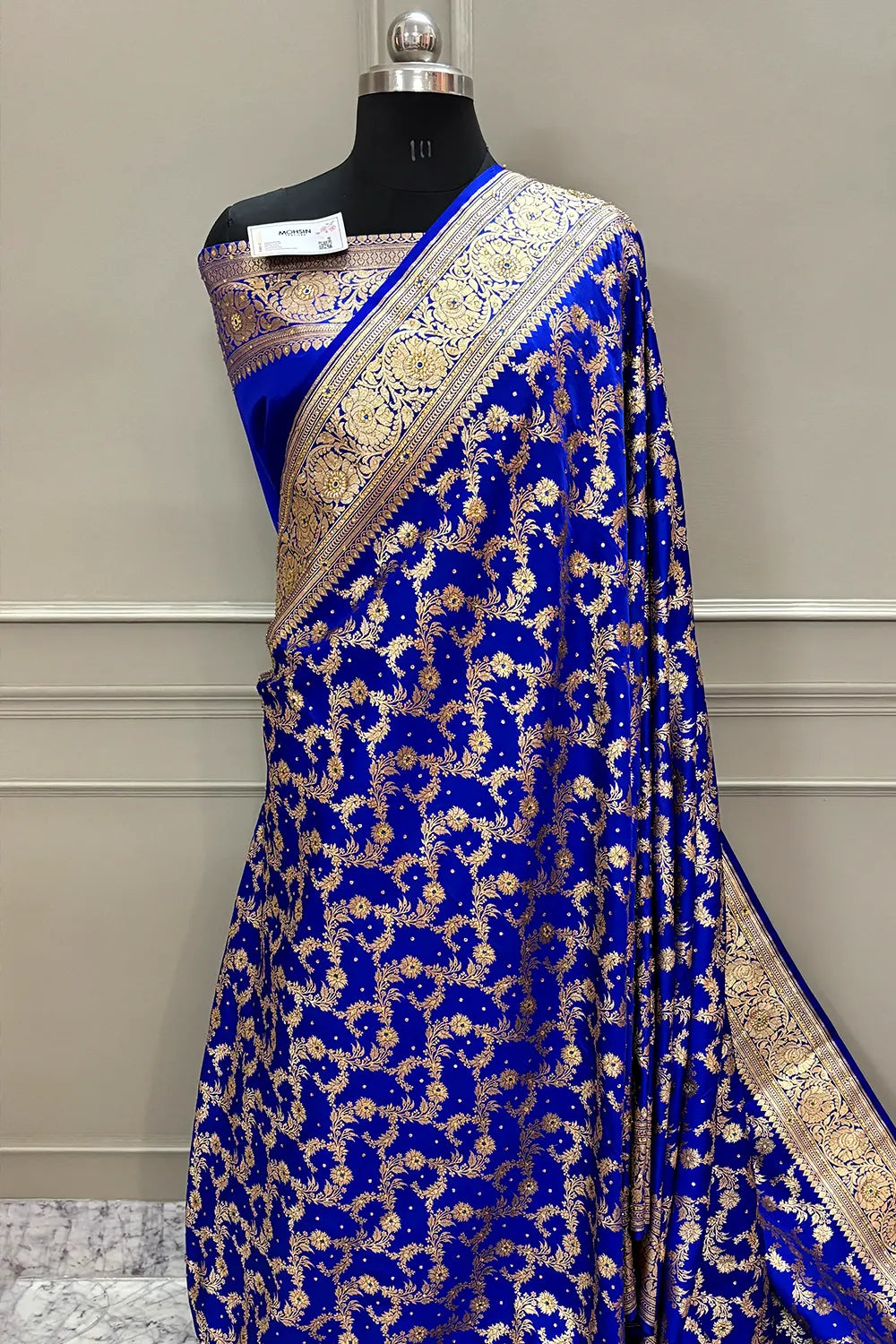 Royal Blue Moglai Jaal Stone Work Katan Silk Banarasi Saree