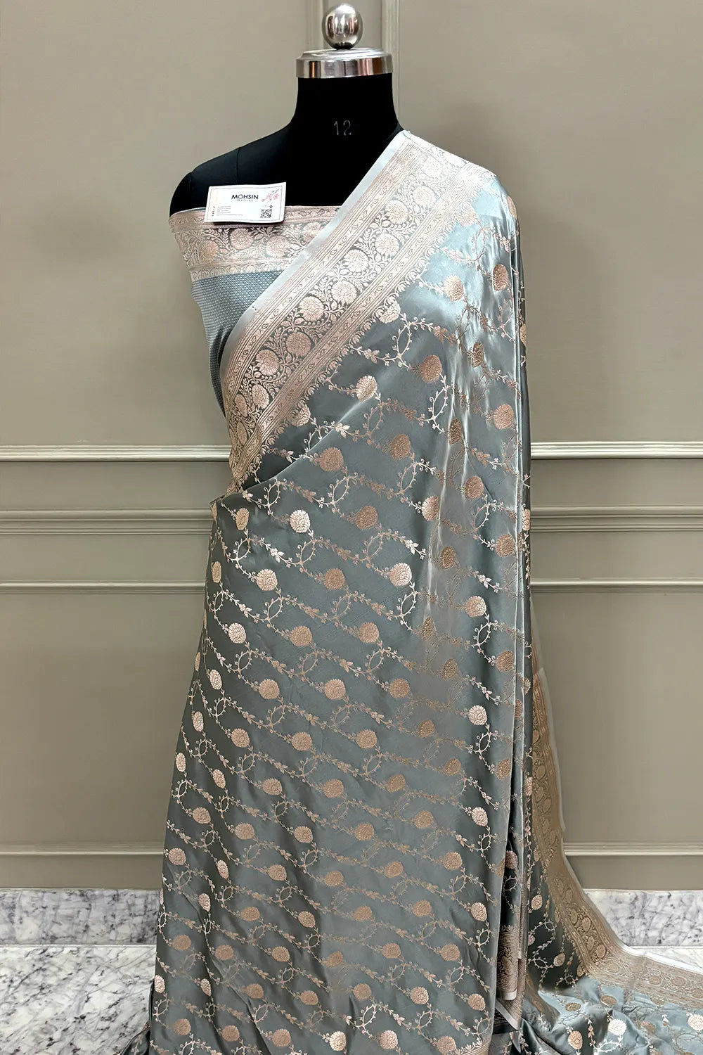 Grey Ropeway Jaal Katan Silk Banarasi Saree
