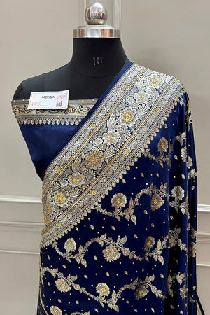 Navy Blue Tirchi Daal Stone Work Katan Silk Banarasi Saree