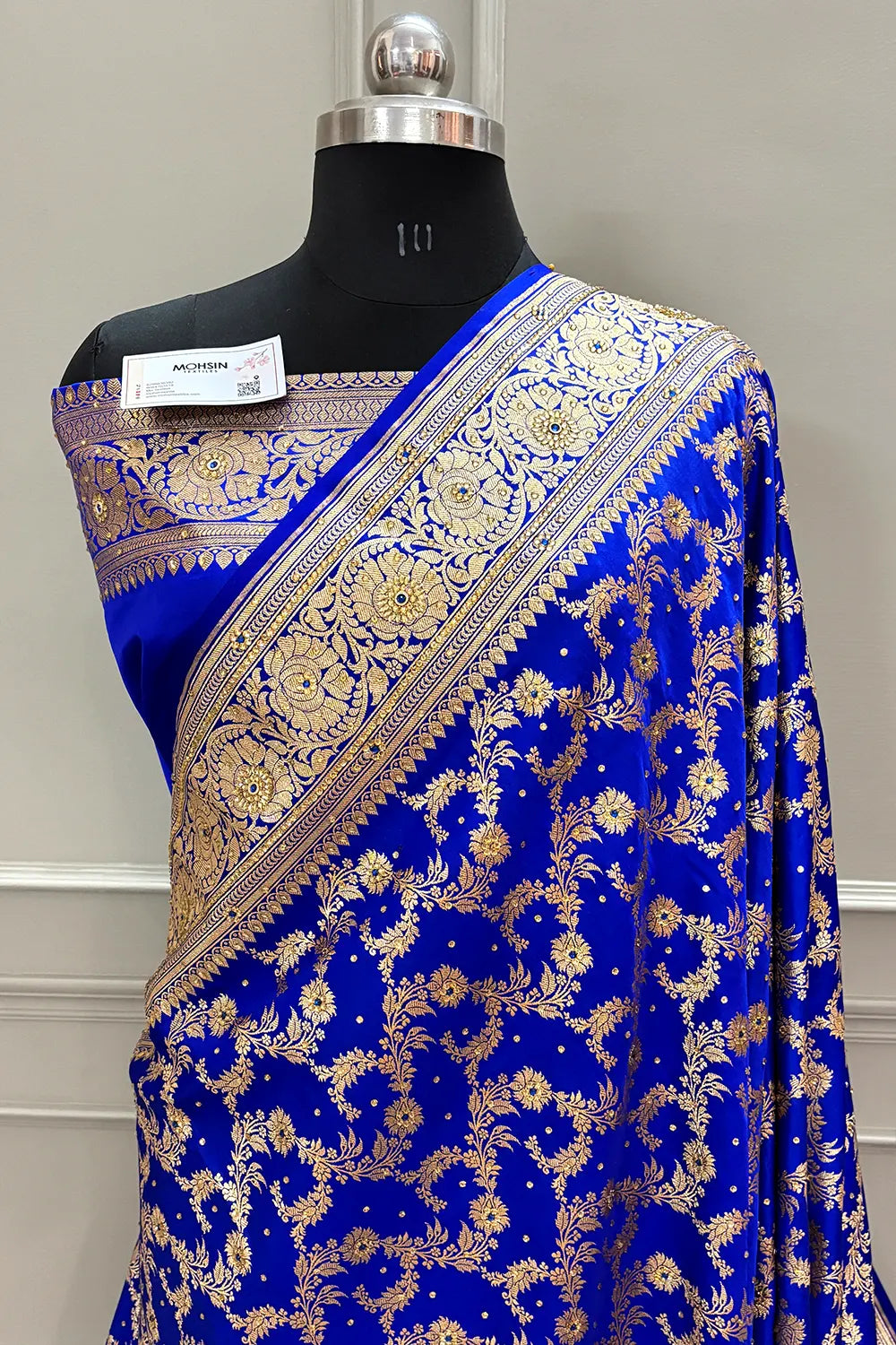Royal Blue Moglai Jaal Stone Work Katan Silk Banarasi Saree