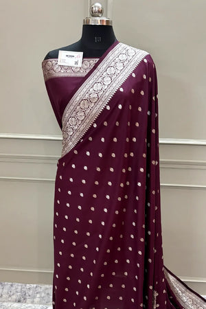 Wine Rudraksha Buti Katan Silk Banarasi Saree