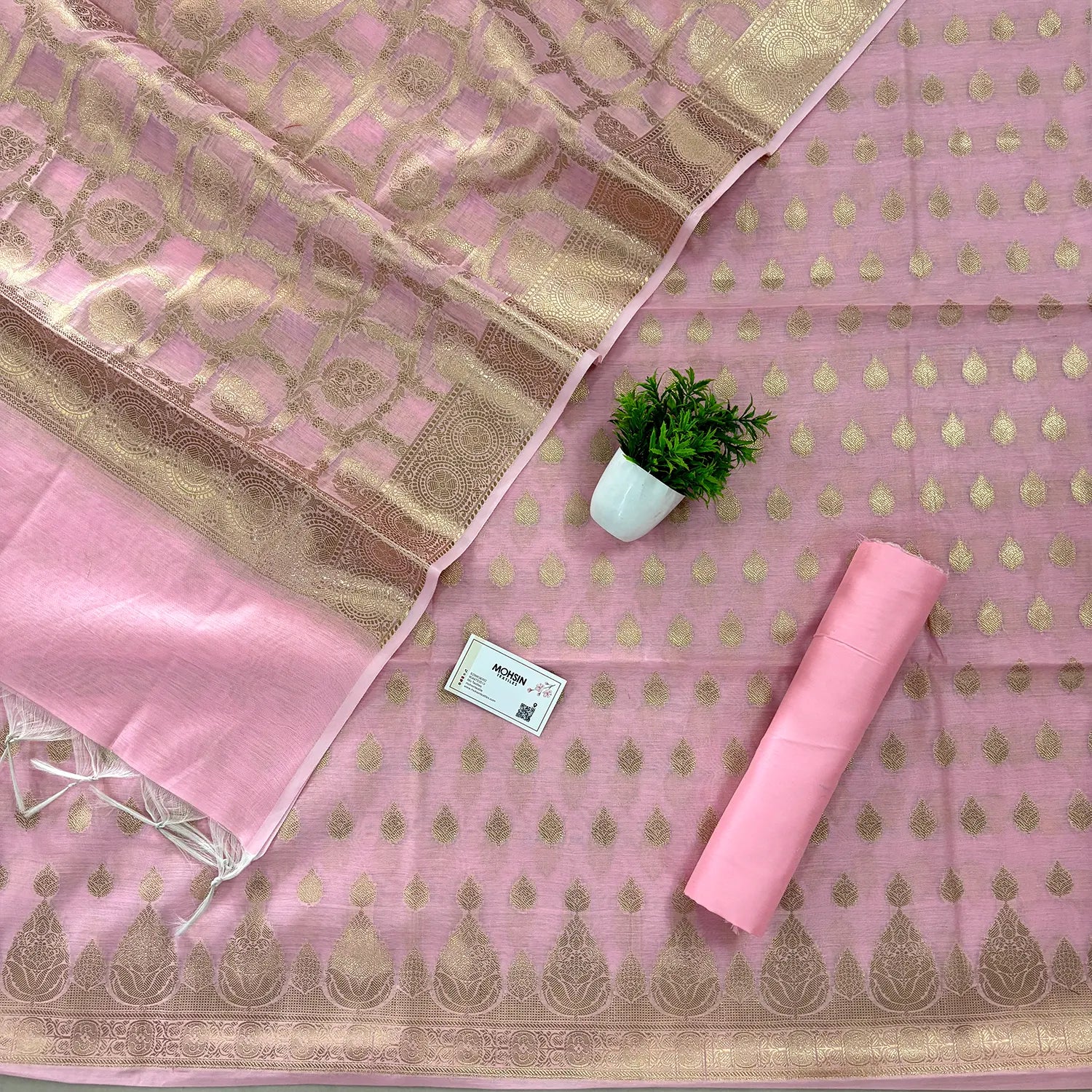 Baby Pink Golden Zari Resham Silk Banarasi Suit