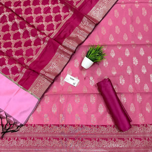 Baby Pink and Pink Phooldaan Buti Satin Silk Banarasi Suit