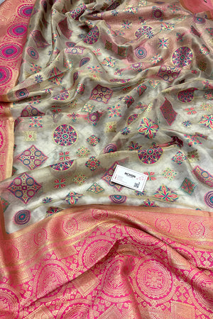 Beige and Pink Golden Zari Tissue Silk Banarasi Saree