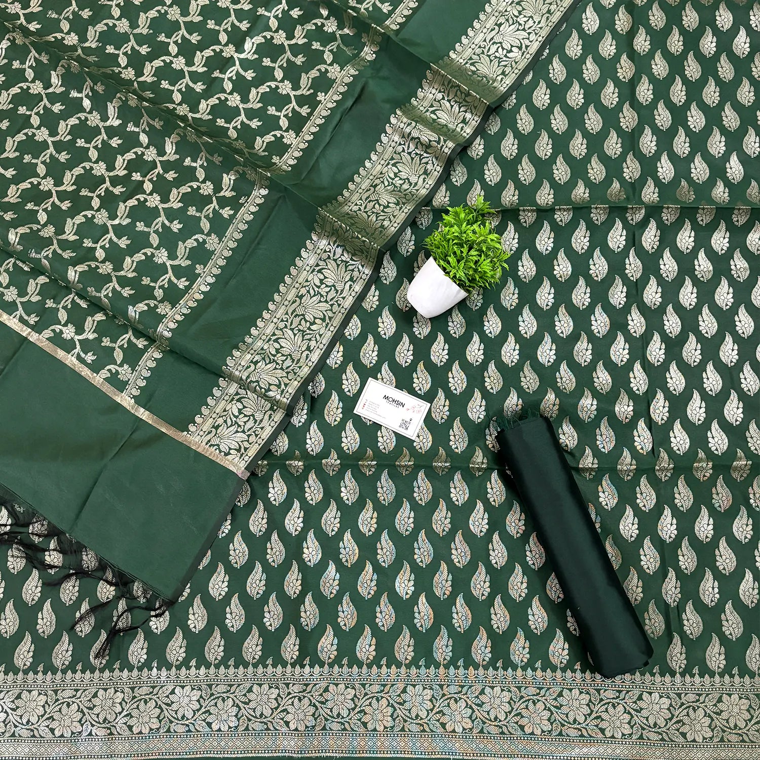 Bottle Green Agnipath Buti Satin Silk Banarasi Suit