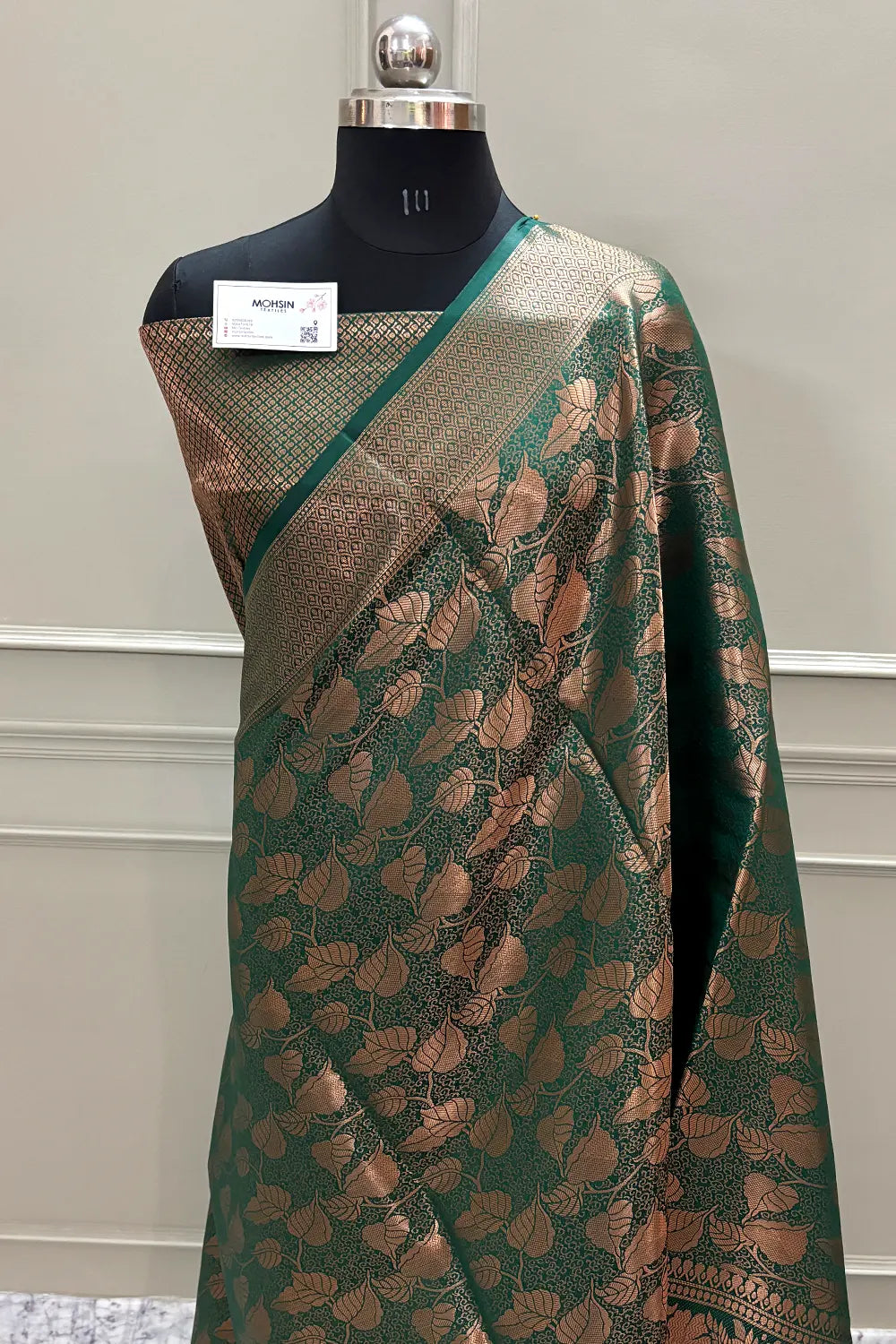Bottle Green Antique Zari Satin Silk Banarasi Saree