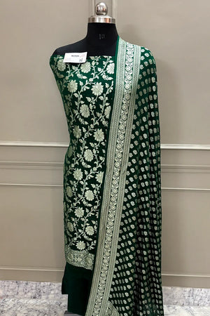 Bottle Green Golden Zari Georgette Silk Banarasi Suit