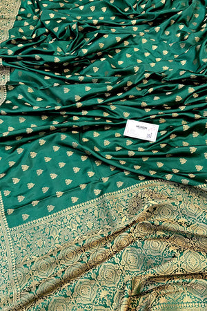 Bottle Green Golden Zari Katan Silk Banarasi Saree