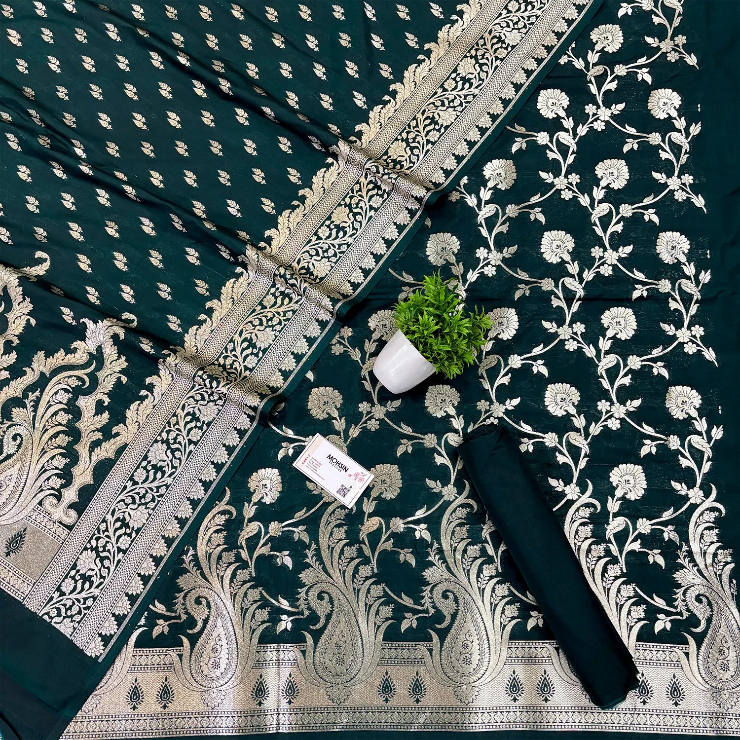 Bottle Green Golden Zari Katan Silk Banarasi Suit