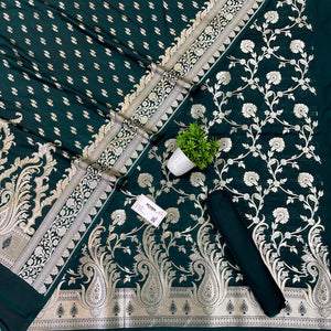 Bottle Green Golden Zari Katan Silk Banarasi Suit