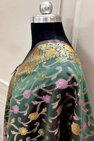 Bottle Green Zari Meena Cotton Silk Banarasi Dupatta