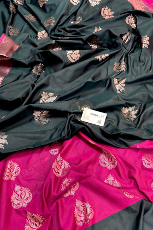 Bottle Green and Pink Golden Zari Banarasi Silk Saree
