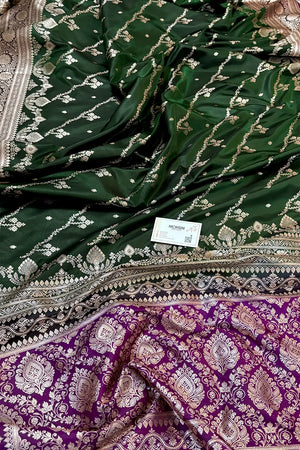 Bottle Green and Purple Golden Zari Katan Silk Banarasi Saree