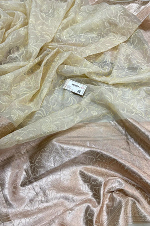 Cream Embroidery Organza Silk Banarasi Saree