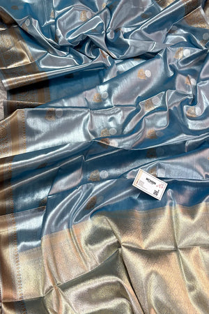 Firozi Golden Zari Tissue Silk Banarasi Saree