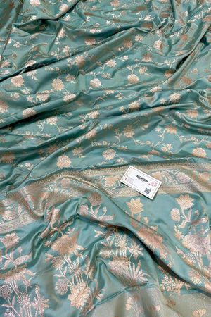 Firozi Kesari Jaal Katan Silk Banarasi Saree
