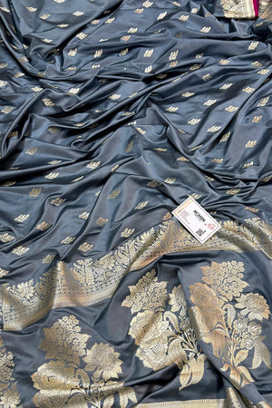 Grey Aatari Buti Katan Silk Banarasi Saree