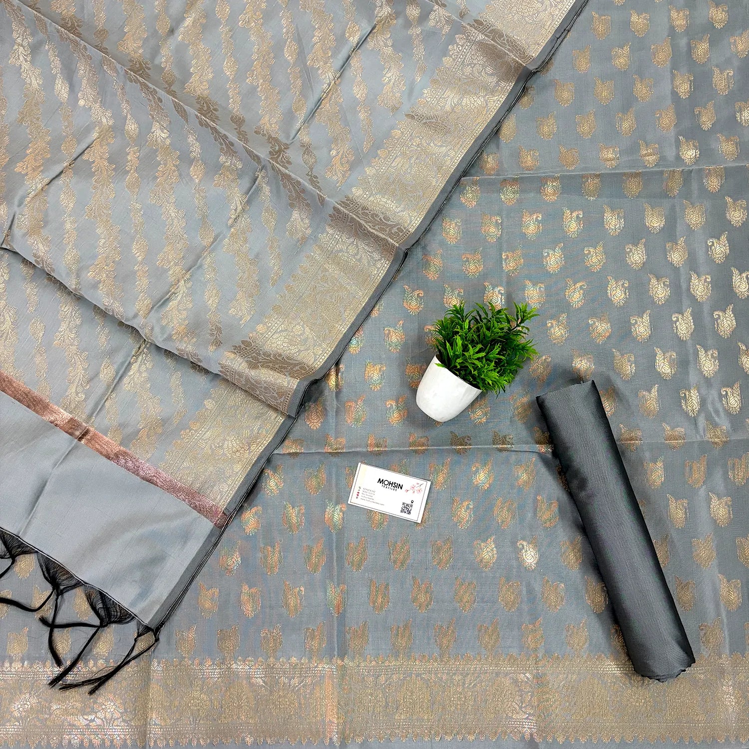 Grey Chirag Buti Satin Silk Banarasi Suit