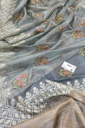 Grey Embroidery Tissue Silk Banarasi Saree