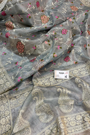 Grey Embroidery Tissue Silk Banarasi Saree